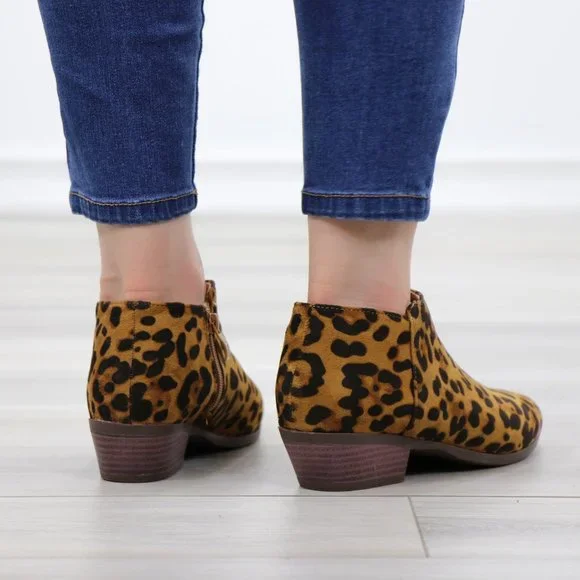 Faux Sude Leopard Low Heel Ankle Boots - Picture 6 of 13